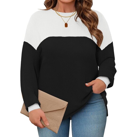 Plus Size Sweatshirt Color Block Long Sleeve Crewneck Casual Pullover - Picture 1 of 5